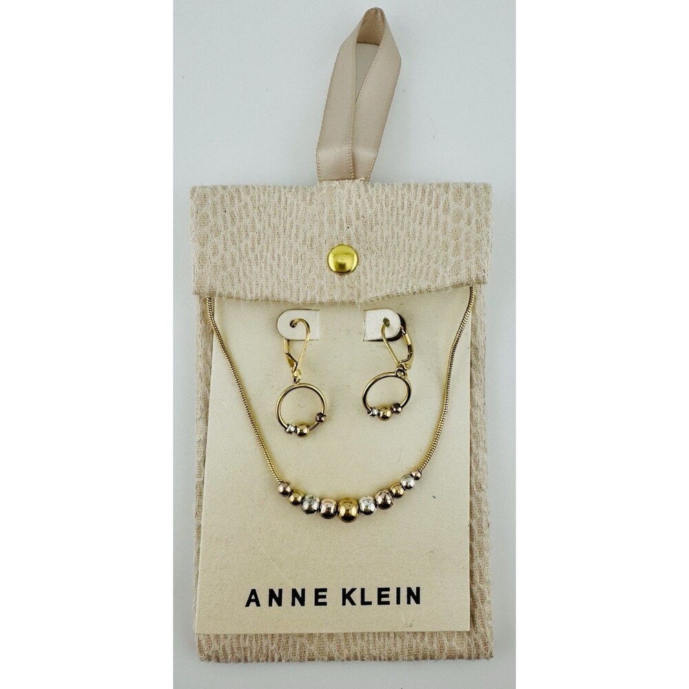 Anne Klein Necklace & Earrings Set Mixed Gold Tone Beads NWT 16”+3” Ext Dust Bag